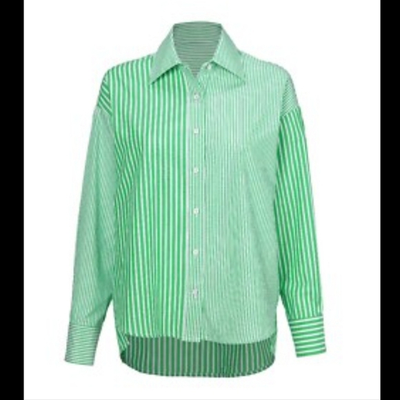 NWT CAbi Dad Shirt Green and White Striped Button Down Shirt - Picture 6 of 14